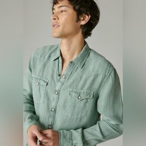 LUCKY BRAND - Solid Linen Long Sleeve Western Shirt (Sagebrush Green, L)